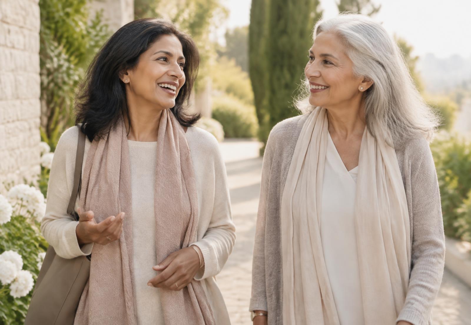 Two women walking and talking outdoors on a bright morning