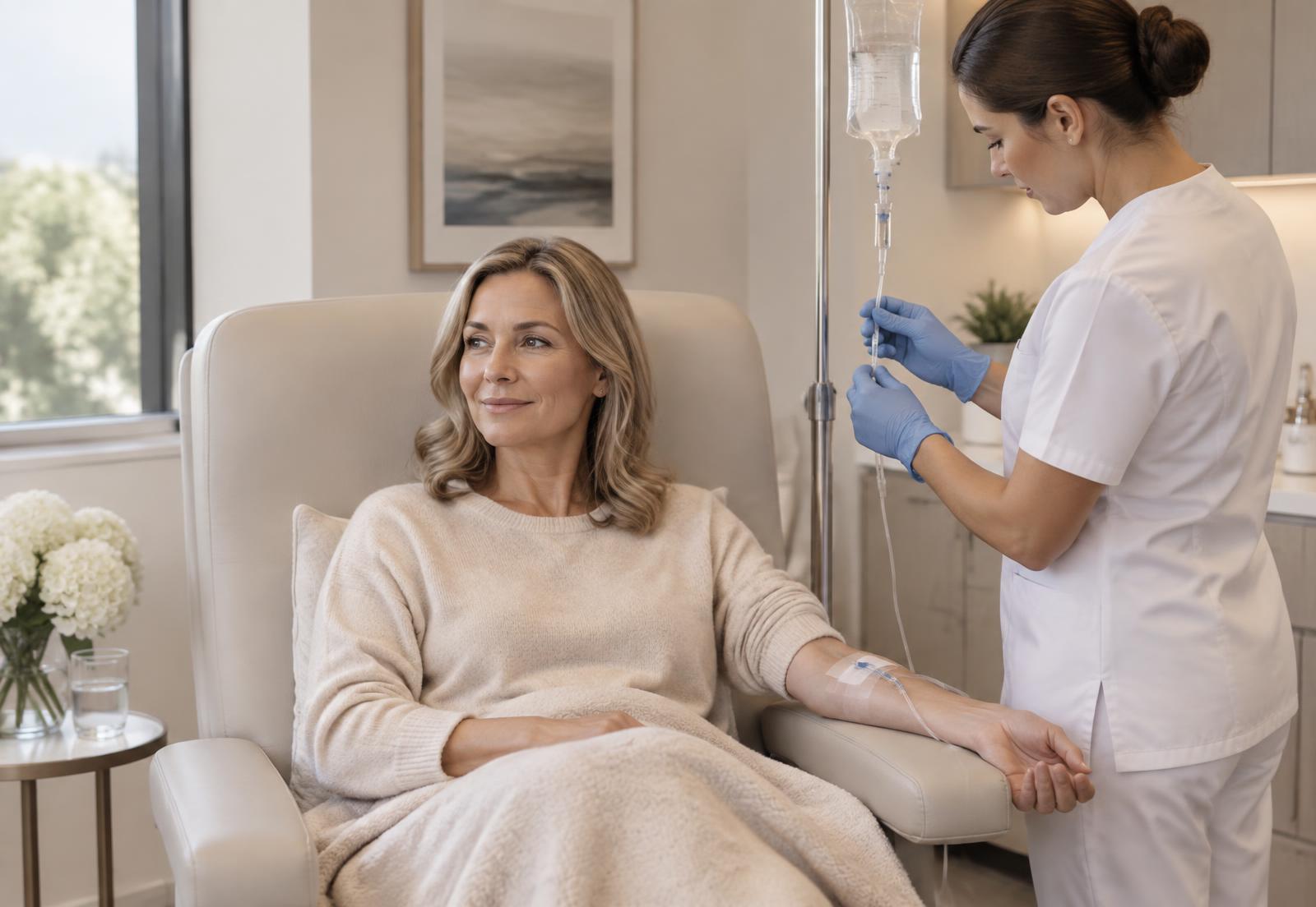 A woman receiving an intravenous drip in a calm private clinic room