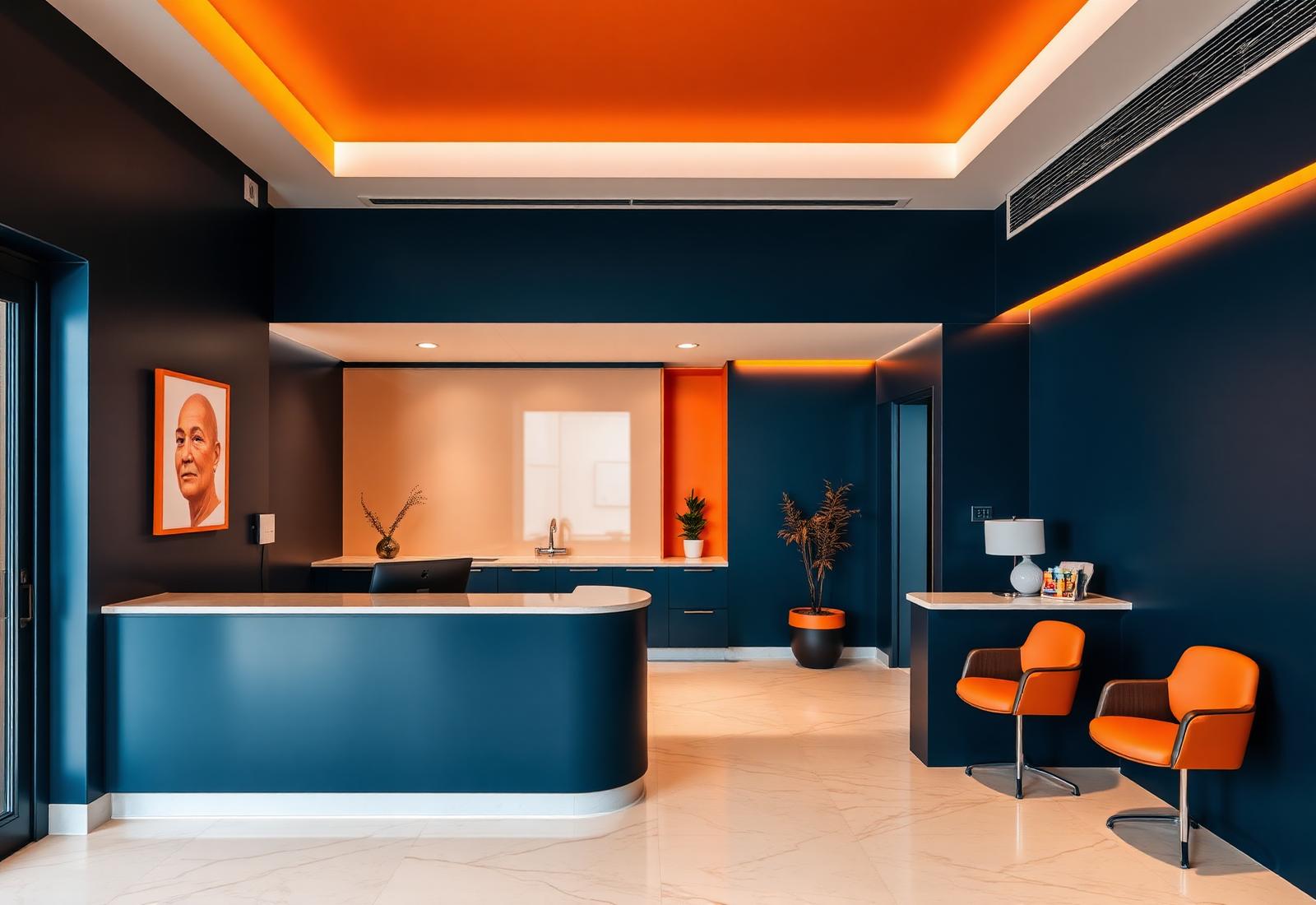 Horizons Clinic reception in warm navy and burnt orange