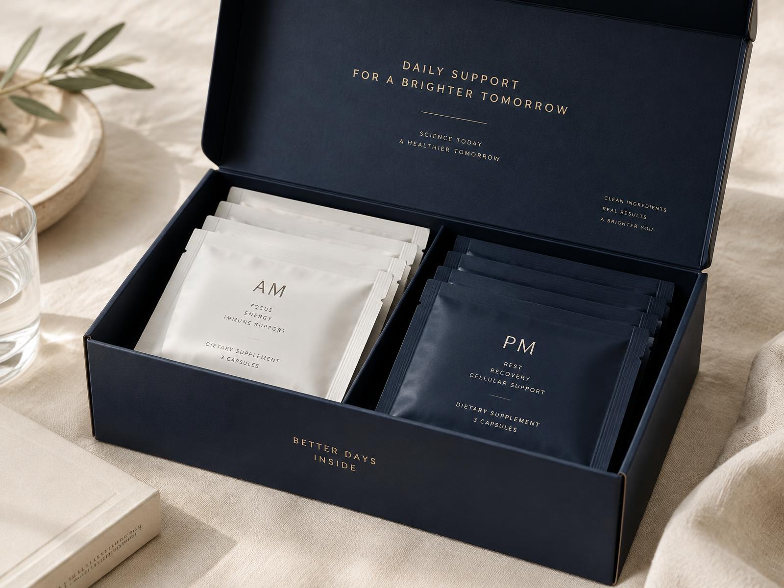 A navy and gold St Helen's Performance supplement box opened to show neatly arranged AM and PM sachets